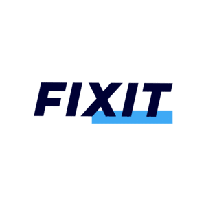Logo Fixit, service de réparation de téléphone à domicile, écrit en lettres majuscules avec un style moderne et une touche bleu clair sous le texte.