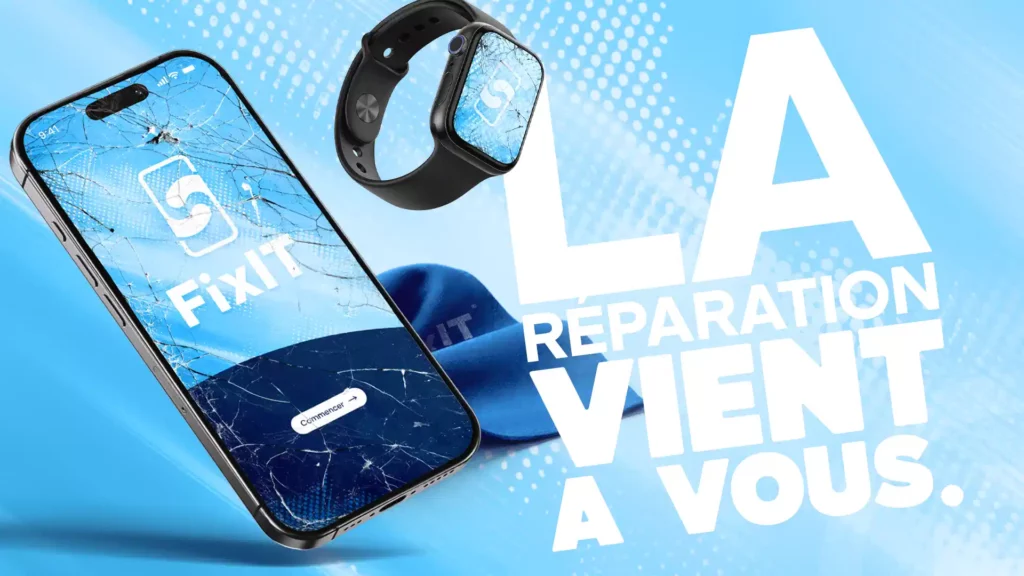 Réparation de téléphone à domicile, smartphone et montre connectée sur fond bleu, service rapide et pratique pour appareils électroniques cassés venant directement chez vous.